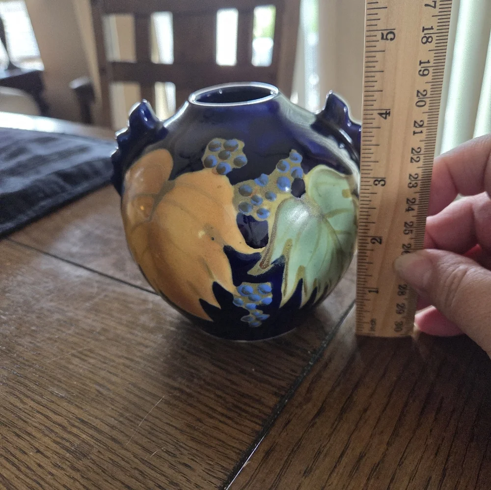 Vintage Cobalt Blue Vase With Grapes And Leaves Made In Japan